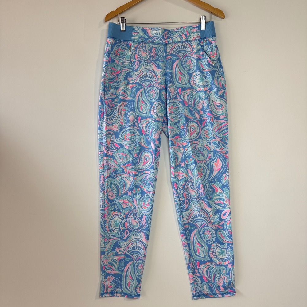 Lilly‎ Pulitzer Luxletic Run Around Pants Womens M Blue Fish Kiss Paisley Zip